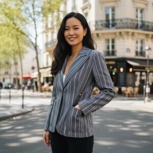 SMYTHE Duchess Tweed Wool Striped Single Button Suede Elbow Patches Blazer Gray